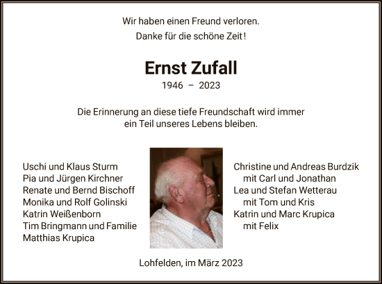 Todesanzeige von Ernst Zufall von HNA