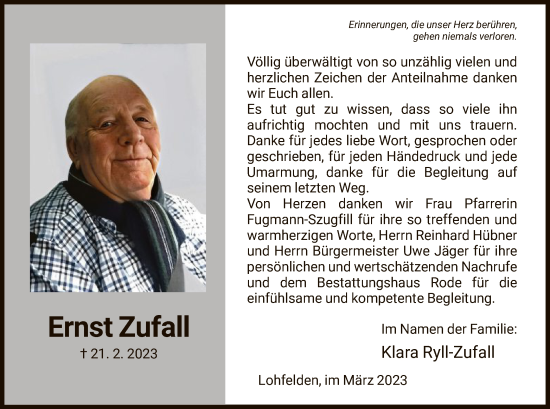 Todesanzeige von Ernst Zufall von HNA
