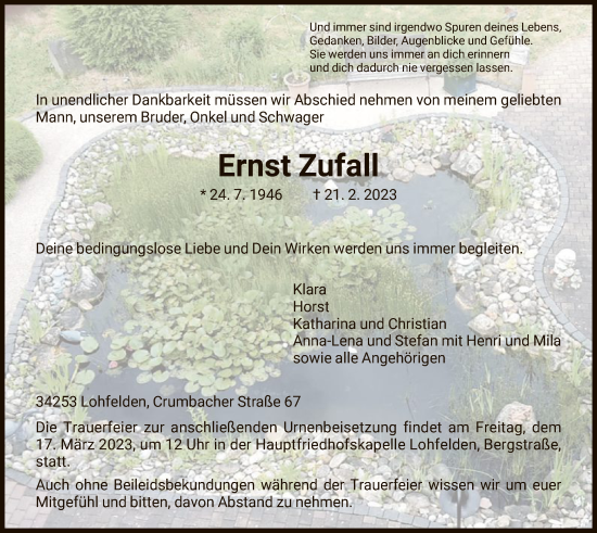 Todesanzeige von Ernst Zufall von HNA