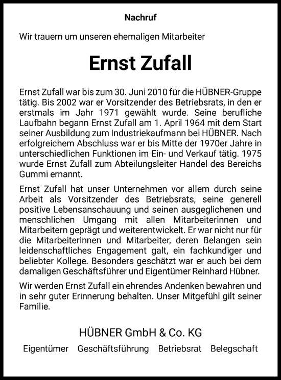 Todesanzeige von Ernst Zufall von HNA
