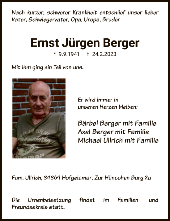 Todesanzeige von Ernst Jürgen Berger von HNA