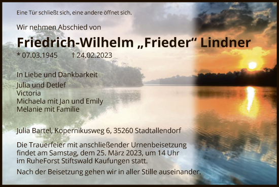 Todesanzeige von Friedrich-Wilhelm Lindner von HNA