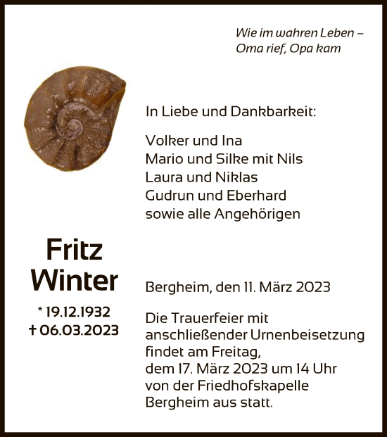 Todesanzeige von Fritz Winter von HNA