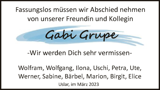 Todesanzeige von Gabi Grupe von HNA