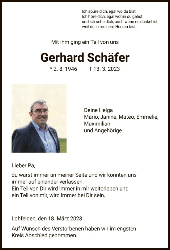 Todesanzeige von Gerhard Schäfer von HNA