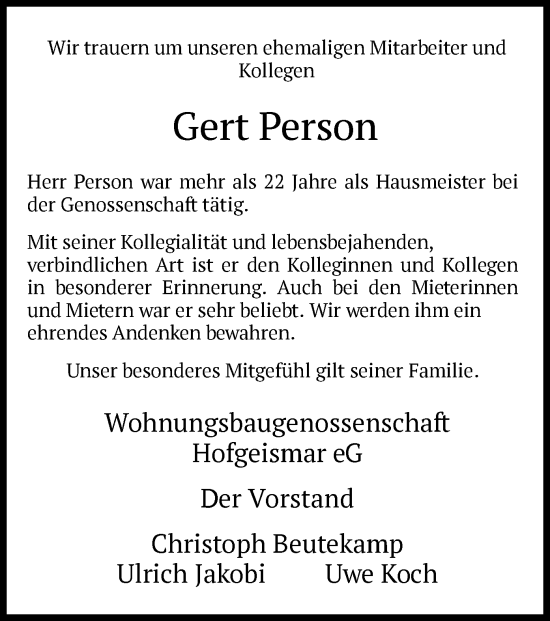 Todesanzeige von Gert Person von HNA