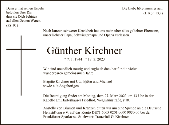 Todesanzeige von Günther Kirchner von HNA