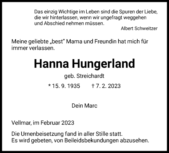 Todesanzeige von Hanna Hungerland von HNA