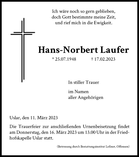 Todesanzeige von Hans-Norbert Laufer von HNA