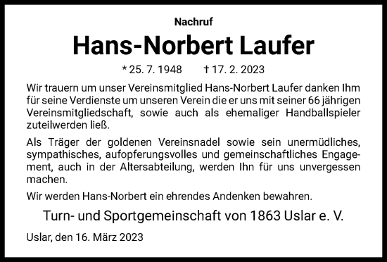 Todesanzeige von Hans-Norbert Laufer von HNA