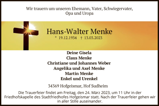 Todesanzeige von Hans-Walter Menke von HNA