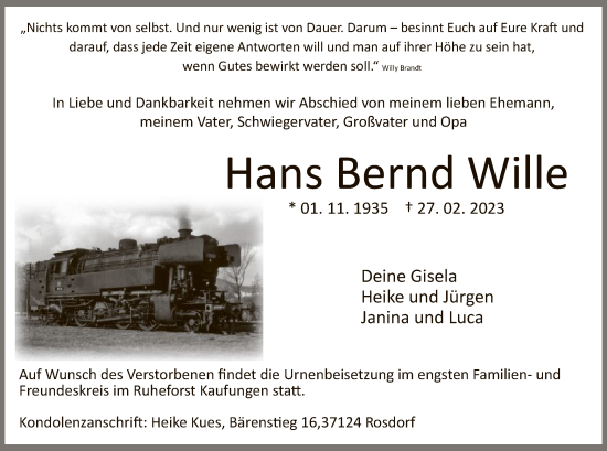 Todesanzeige von Hans Bernd Wille von HNA
