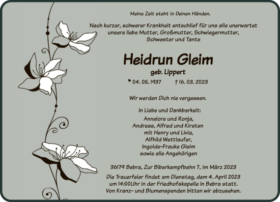Todesanzeige von Heidrun Gleim von HNA