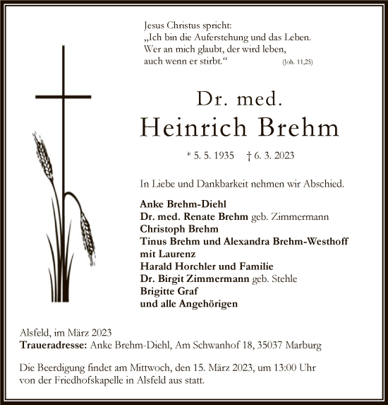 Todesanzeige von Heinrich Brehm von HNA