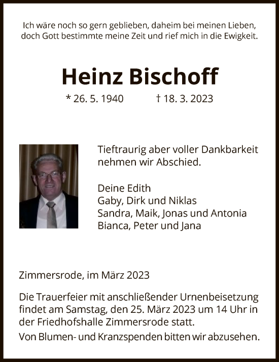 Todesanzeige von Heinz Bischoff von HNA