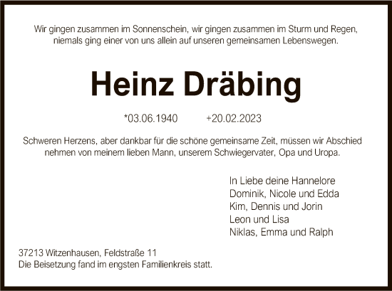 Todesanzeige von Heinz Dräbing von HNA