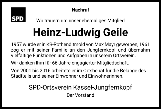Todesanzeige von Heinz-Ludwig Geile von HNA