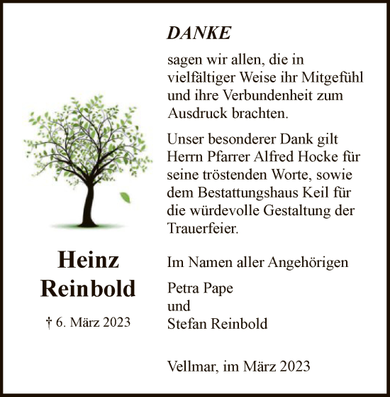 Todesanzeige von Heinz Reinbold von HNA