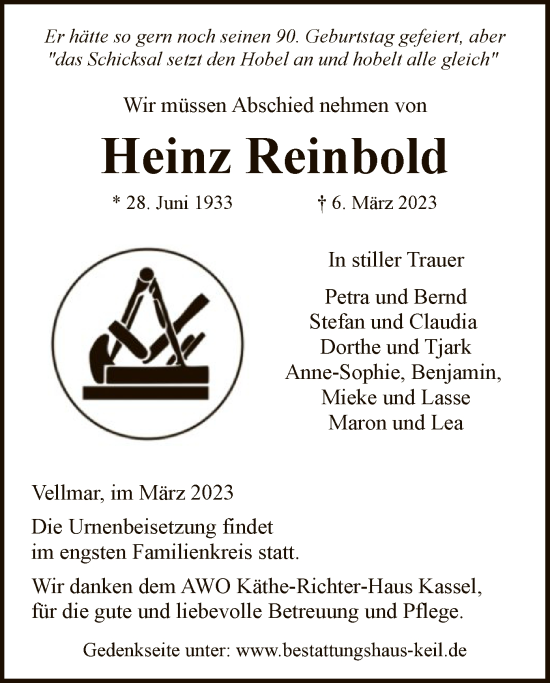 Todesanzeige von Heinz Reinbold von HNA