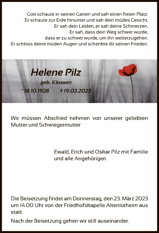 Todesanzeige von Helene Pilz von HNA