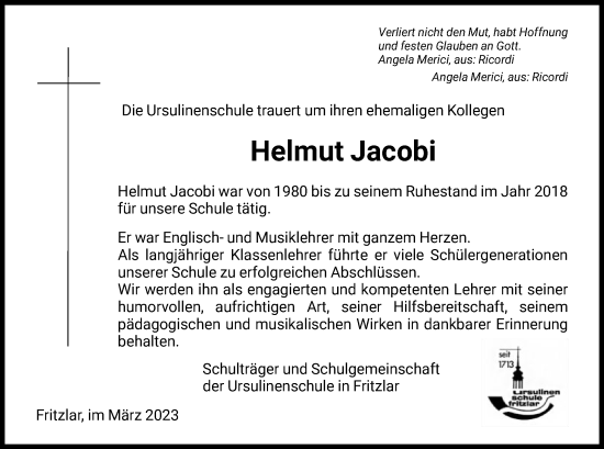 Todesanzeige von Helmut Jacobi von HNA