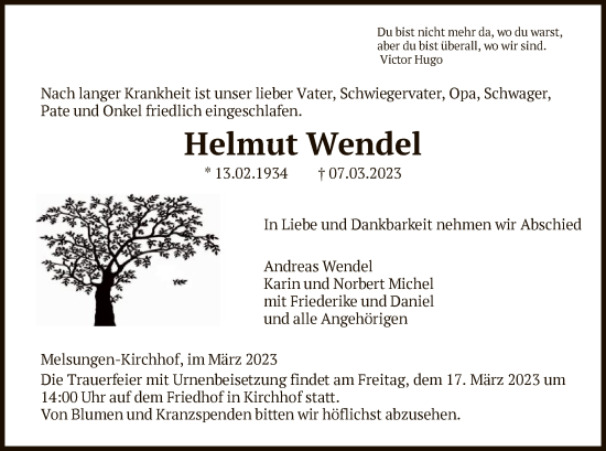 Todesanzeige von Helmut Wendel von HNA