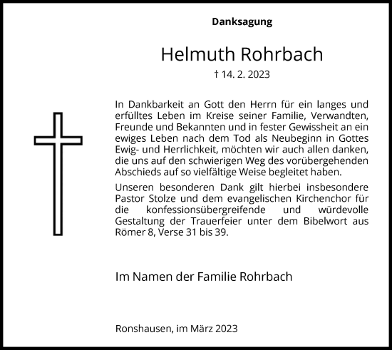 Todesanzeige von Helmuth Rohrbach von HNA