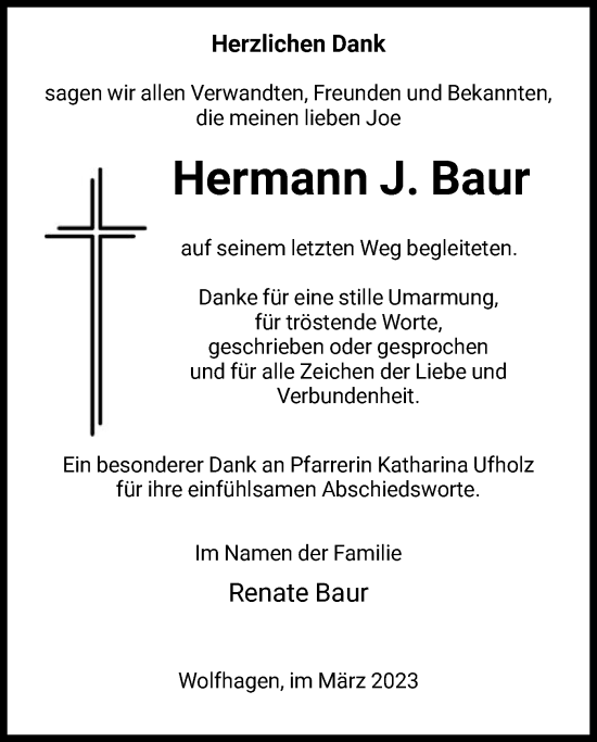 Todesanzeige von Hermann J. Baur von HNA