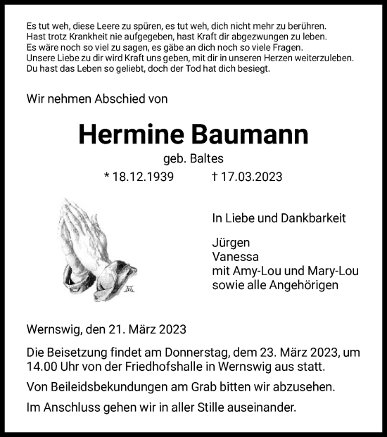 Todesanzeige von Hermine Baumann von HNA