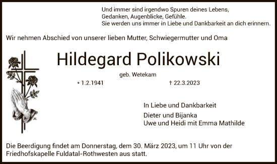 Todesanzeige von Hildegard Polikowski von HNA