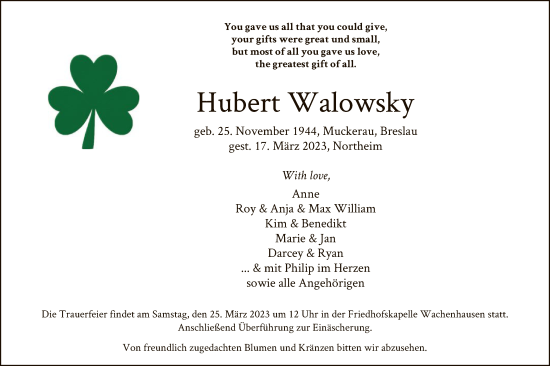 Todesanzeige von Hubert Walowsky von HNA