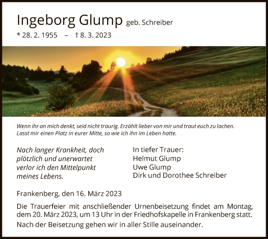 Todesanzeige von Ingeborg Glump von HNA