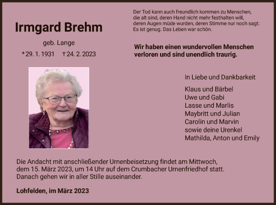 Todesanzeige von Irmgard Brehm von HNA