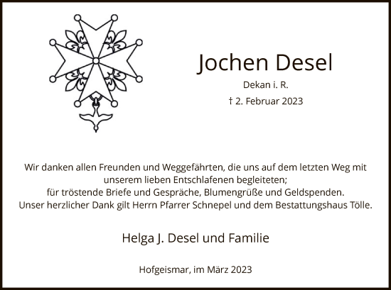 Todesanzeige von Jochen Desel von HNA