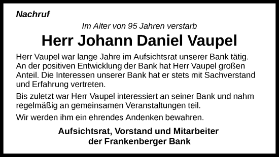 Todesanzeige von Johann Daniel Vaupel von HNA