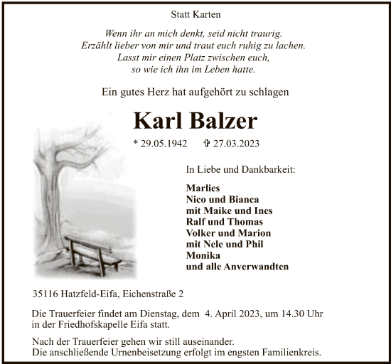 Todesanzeige von Karl Balzer von HNA
