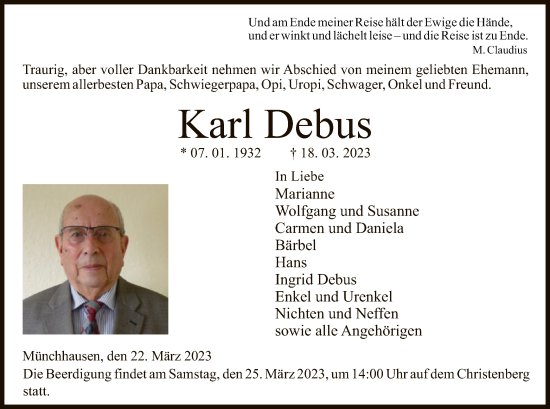 Todesanzeige von Karl Debus von HNA