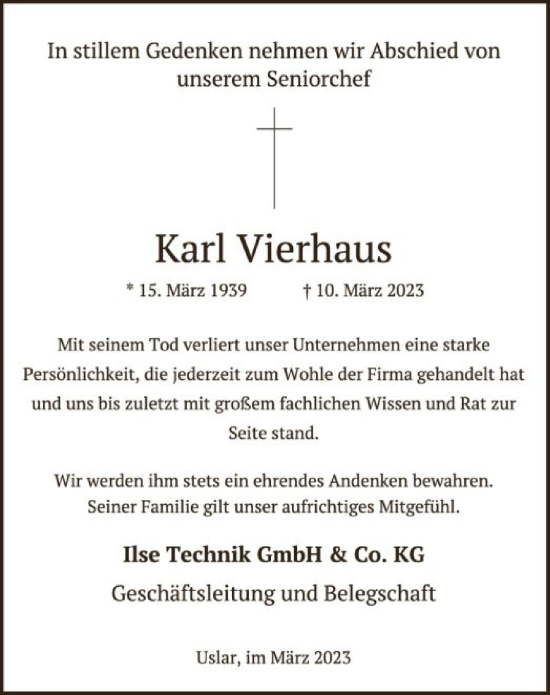 Todesanzeige von Karl Vierhaus von HNA