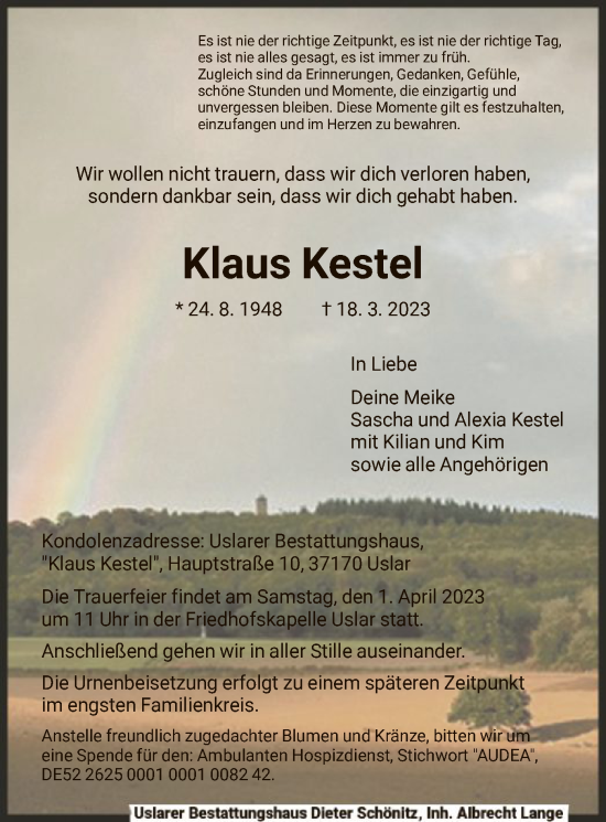 Todesanzeige von Klaus Kestel von HNA