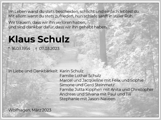 Todesanzeige von Klaus Schulz von HNA