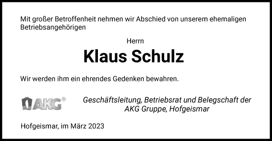 Todesanzeige von Klaus Schulz von HNA