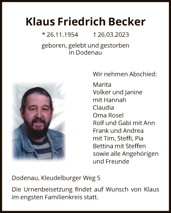 Todesanzeige von Klaus Friedrich Becker von HNA
