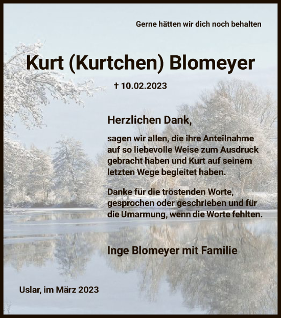 Todesanzeige von Kurt Blomeyer von HNA