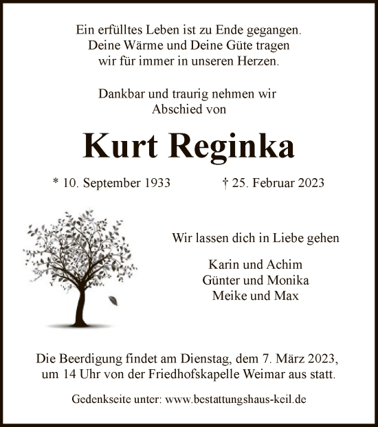Todesanzeige von Kurt Reginka von HNA