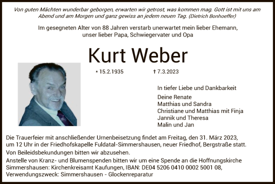 Todesanzeige von Kurt Weber von HNA