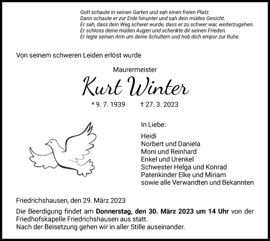 Todesanzeige von Kurt Winter von HNA
