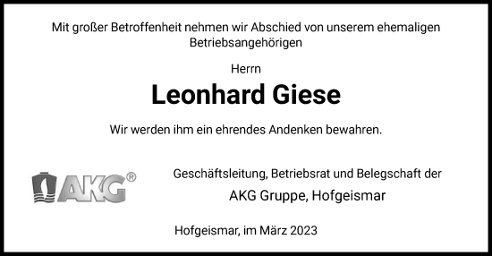 Todesanzeige von Leonhard Giese von HNA
