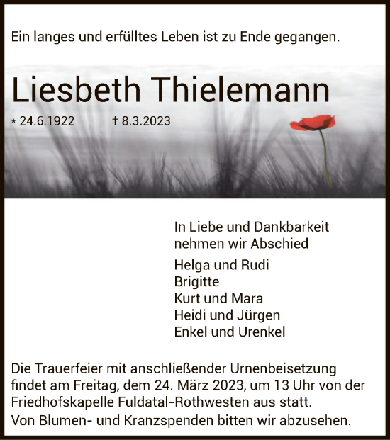 Todesanzeige von Liesbeth Thielemann von HNA