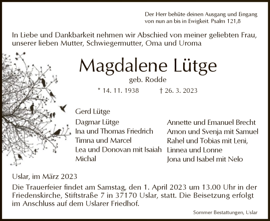 Todesanzeige von Magdalene Lütge von HNA