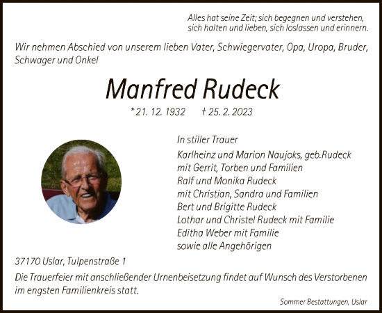 Todesanzeige von Manfred Rudeck von HNA